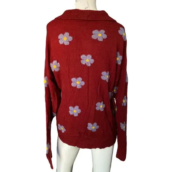Forever 21 Red Knit Sweater With Purple Flowers Medium NWT - Picture 2 of 3